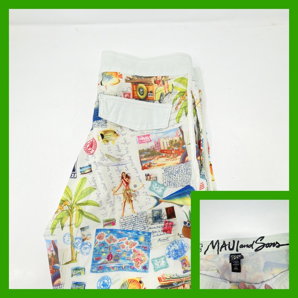 Maui and Sons Board‎ Shorts Mens 30 Heritage Postcard Hawaiian Tiki Surf Swim